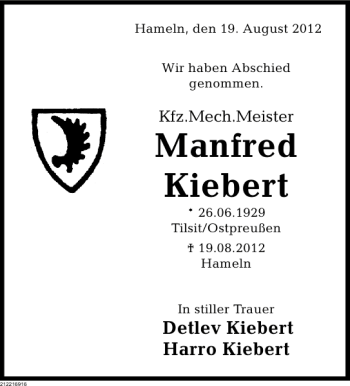 Traueranzeige von Manfred Kiebert von Deister- und Weserzeitung