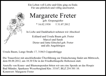 Traueranzeige von Margarete Freter von Deister- und Weserzeitung