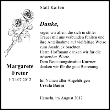Traueranzeige von Margarete Freter von Deister- und Weserzeitung