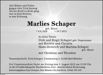 Traueranzeige von Marlies Schaper von Deister- und Weserzeitung