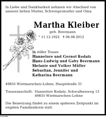 Traueranzeige von Martha Kleiber von Deister- und Weserzeitung