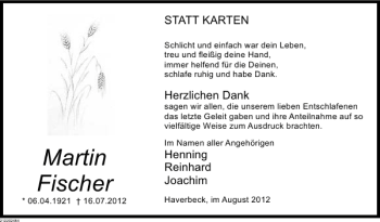 Traueranzeige von Martin Fischer von Deister- und Weserzeitung