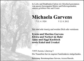 Traueranzeige von Michaele Garvens von Deister- und Weserzeitung