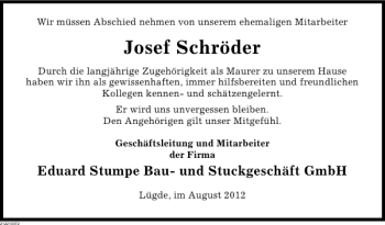 Traueranzeige von Nachruf Schröder von Deister- und Weserzeitung