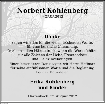 Traueranzeige von Norberg Kohlenberg von Deister- und Weserzeitung