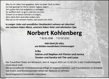 Traueranzeige von Norbert Kohlenberg von Deister- und Weserzeitung
