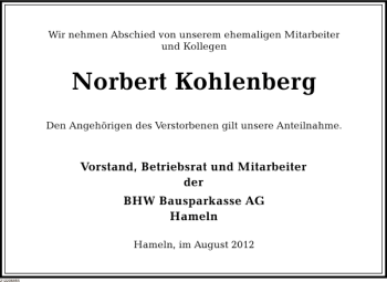 Traueranzeige von Norbert Kohlenberg von Deister- und Weserzeitung