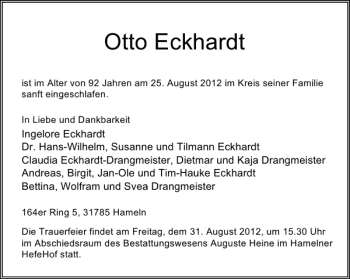 Traueranzeige von Otto Eckhardt von Deister- und Weserzeitung