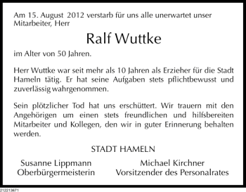 Traueranzeige von Ralf Wuttke von Deister- und Weserzeitung