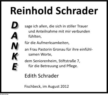 Traueranzeige von Reinhold Schrader von Deister- und Weserzeitung