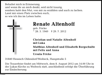 Traueranzeige von Renate Altenhoff von Deister- und Weserzeitung