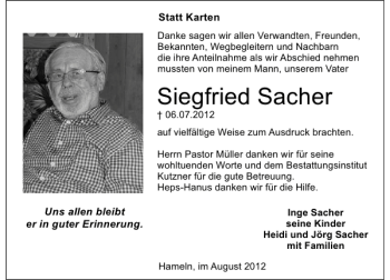 Traueranzeige von Siegfried Sacher von Deister- und Weserzeitung