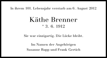 Traueranzeige von TA Käthe Brenner von Deister- und Weserzeitung