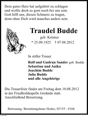 Traueranzeige von Traudel Budde von Deister- und Weserzeitung