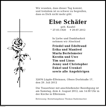 Traueranzeige von Trauer Else Schäfer von Deister- und Weserzeitung