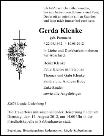 Traueranzeige von Traueranzeige Gerda Klenke von Deister- und Weserzeitung