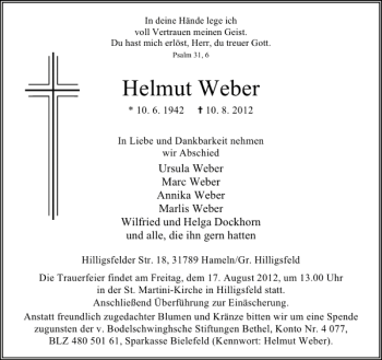 Traueranzeige von Traueranzeige Helmut Weber von Deister- und Weserzeitung