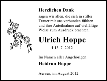 Traueranzeige von Ulrich Hoppe von Deister- und Weserzeitung