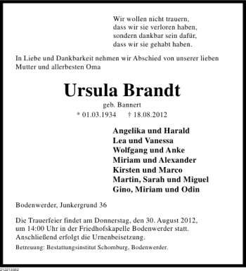 Traueranzeige von Ursula Brandt von Deister- und Weserzeitung