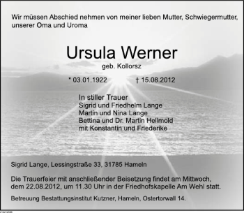 Traueranzeige von Ursula Werner von Deister- und Weserzeitung