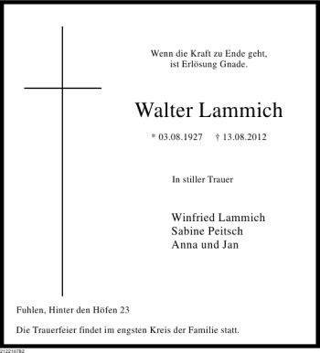 Traueranzeige von Walter Lammich von Deister- und Weserzeitung