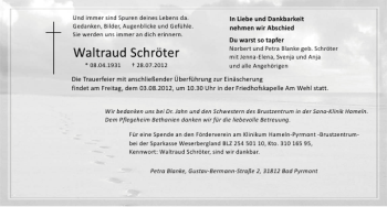 Traueranzeige von Waltraud Schröter von Deister- und Weserzeitung