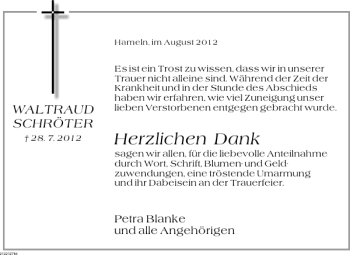 Traueranzeige von Waltraud Schröter von Deister- und Weserzeitung