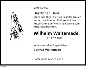 Traueranzeige von Wilhelm Waltemade von Deister- und Weserzeitung
