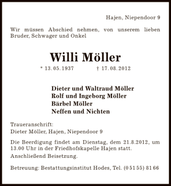 Traueranzeige von Willi Möller von Deister- und Weserzeitung
