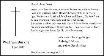 Traueranzeige von Wolfram Bürkner von Deister- und Weserzeitung