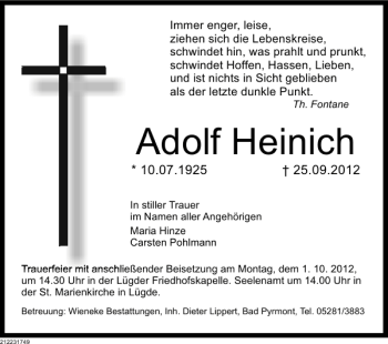 Traueranzeige von Adolf Heinrich von Deister- und Weserzeitung