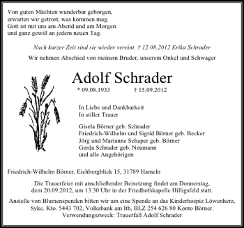 Traueranzeige von Adolf Schrader von Deister- und Weserzeitung
