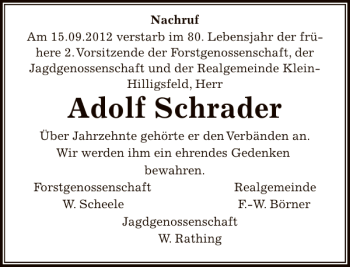 Traueranzeige von Adolf Schrader von Deister- und Weserzeitung