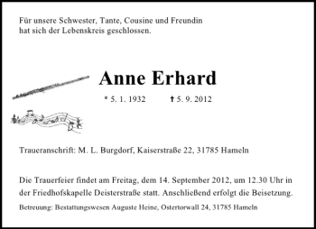 Traueranzeige von Anne Erhard von Deister- und Weserzeitung