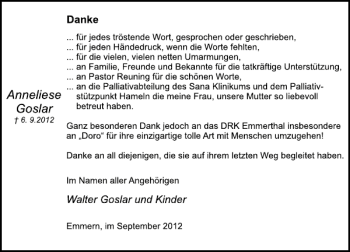 Traueranzeige von Anneliese Goslar von Deister- und Weserzeitung