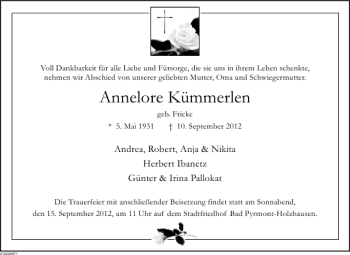 Traueranzeige von Annelore Kümmerlen von Deister- und Weserzeitung