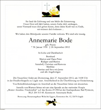 Traueranzeige von Annemarie Bode von Deister- und Weserzeitung