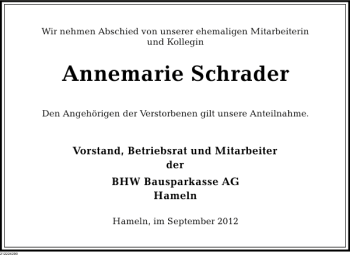 Traueranzeige von Annemarie Schrader von Deister- und Weserzeitung