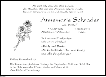 Traueranzeige von Annemarie Schrader von Deister- und Weserzeitung