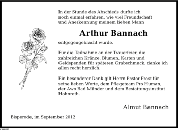 Traueranzeige von Arthur Bannach von Deister- und Weserzeitung