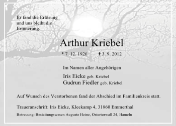 Traueranzeige von Arthur Kriebel von Deister- und Weserzeitung