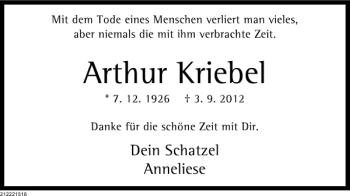 Traueranzeige von Arthur Kriebel von Deister- und Weserzeitung