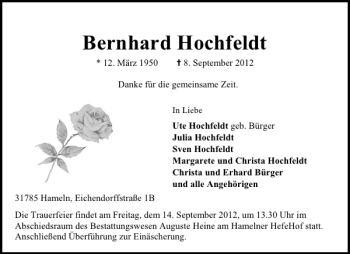 Traueranzeige von Bernhard Hochfeldt von Deister- und Weserzeitung