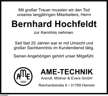 Traueranzeige von Bernhard Hochfeldt von Deister- und Weserzeitung