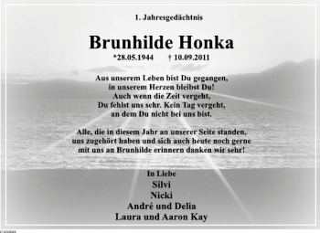 Traueranzeige von Brunhilde Honka von Deister- und Weserzeitung