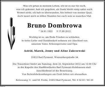 Traueranzeige von Bruno Dombrowa von Deister- und Weserzeitung