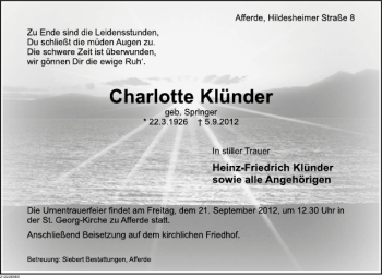 Traueranzeige von Charlotte Klünder von Deister- und Weserzeitung