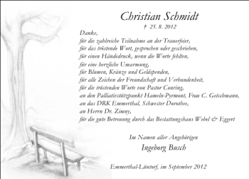 Traueranzeige von Christian Schmidt von Deister- und Weserzeitung
