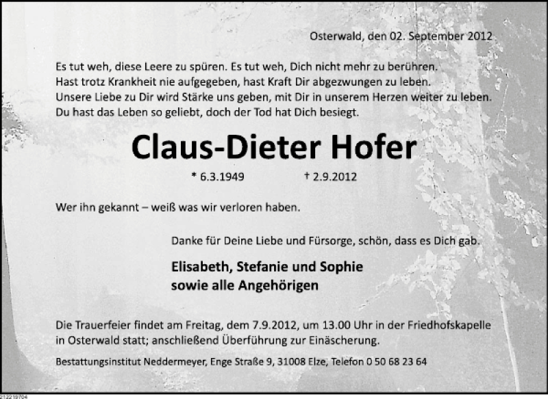  Traueranzeige für Claus-Dieter Hofer vom 04.09.2012 aus Deister- und Weserzeitung
