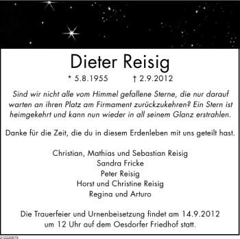 Traueranzeige von Dieter Reisig von Deister- und Weserzeitung
